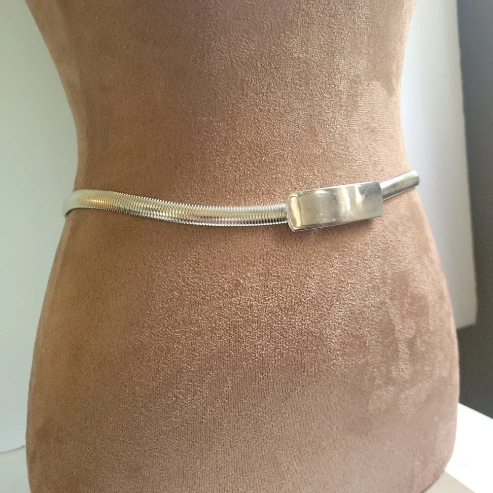 Vintage Silver Metal Snake Chain Stretch Belt Size 26 Minimalist Aesthetic